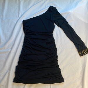 Emerald Sundae Ladies Black Asymmetrical Slit Sleeve Dress. XS